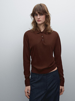 Massimo Dutti Свитер из 100% шерсти с воротником поло и пуговицами, черепичный