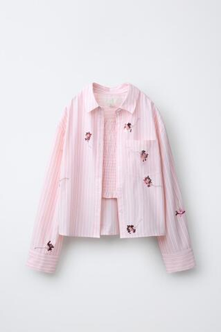 ZARA РУБАШКА И ТОП В ПОЛОСКУ С ЦВЕТАМИ И ПАЙЕТКАМИ, ПАСТЕЛЬНО-РОЗОВЫЙ