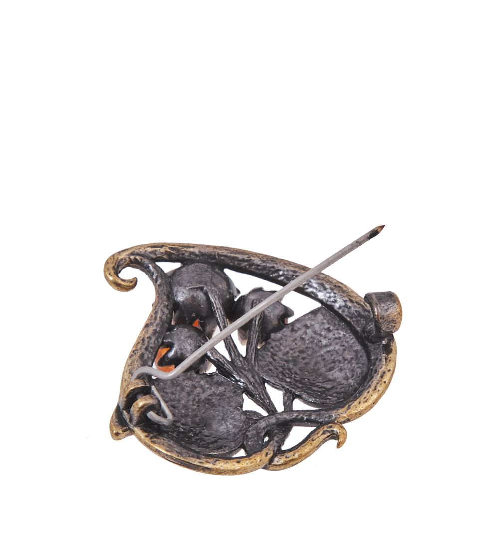 AM-4209 Брошь «Листик Сердцек» (латунь, янтарь)