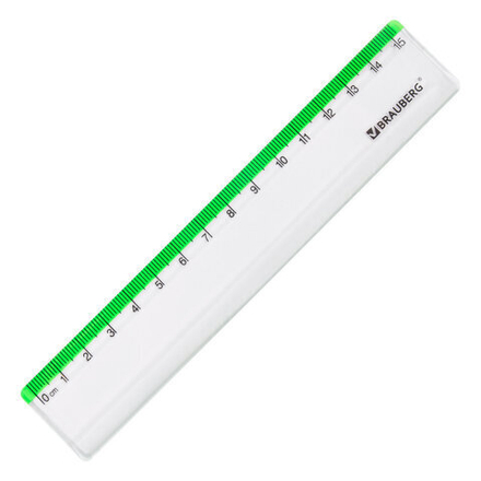 Линейка пластиковая 15 см BRAUBERG "FRESH ZONE", прозрачная, с салатовой шкалой