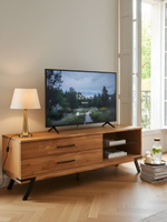 Тумба под телевизор, 160х42х55, Флеверс, с ящиками, напольная, из массива дуба с металлом, MAKOSA