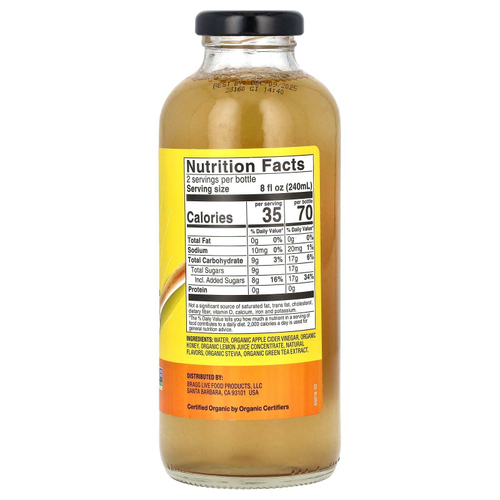 Bragg, освежающий органический яблочный уксус, пребиотик, мед и зеленый чай, 473 мл (16 жидк. унций)