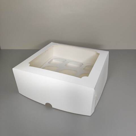 Коробка для капкейков с окном на 9 капкейков эконом, белая 25х25х10 см