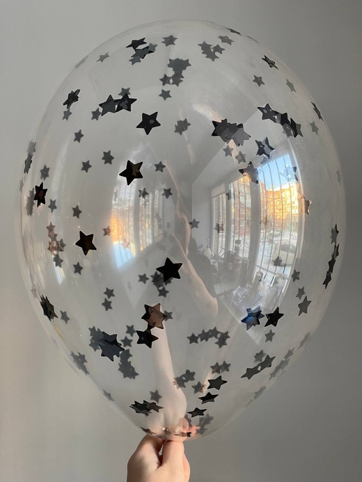 Воздушный шар с наполнением конфетти звезда черный  ПАЛИТРА №4430