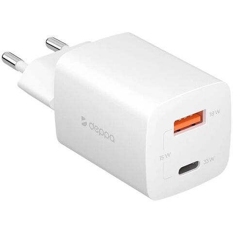 Адаптер питания Deppa USB-A + Type-C Power Delivery/ QC3.0 GAN 33Вт D-11432 (5В/ 3А, 9В/ 2А) Белый