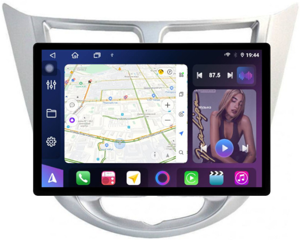 Магнитола для Hyundai Solaris 1 2010-2016 (рамка серебро) - FarCar BX877 монитор 13" 2K QLED на Android 13, TS10, 6+128, CarPlay, 4G SIM-слот