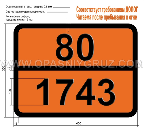 Табличка Опасный груз 80-1743 БОРА ТРИФТОРИДА И КИСЛОТЫ ПРОПИОНОВОЙ КОМПЛЕКС ЖИДКИЙ