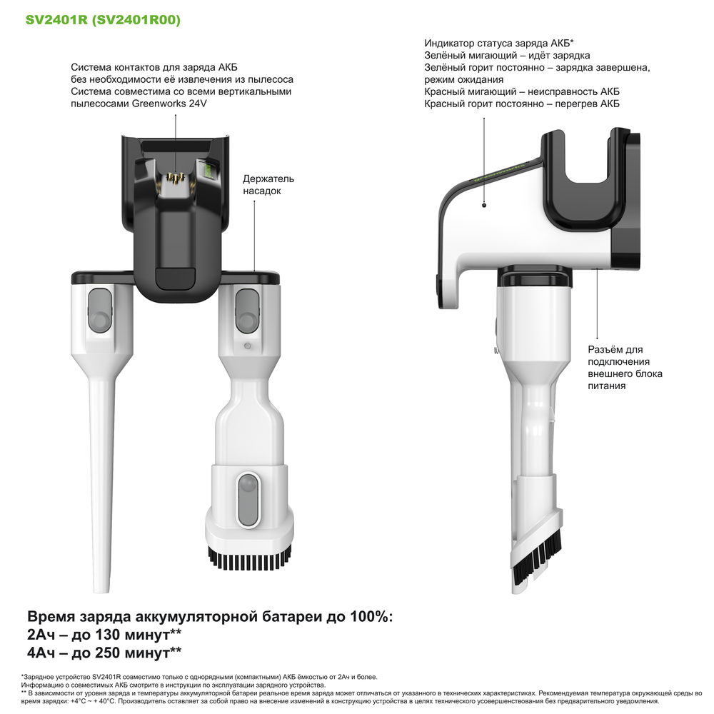 Пылесос вертикальный акк. Greenworks SV24532, 24V, б/щет, 350 Вт, 21 кПа, электрощетка, 3 насадки, LED, белый+зеленый, 1х4Ач и ЗУ (4702007UB)