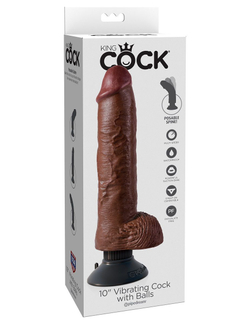 Коричневый вибратор-гигант со съёмной присоской 10  Vibrating Cock with Balls - 25,4 см.