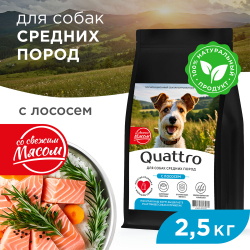 Корм сухой для взрослых собак средних пород, премиум полнорационный сбалансированный, с лососем, 2,5 кг, QUATTRO