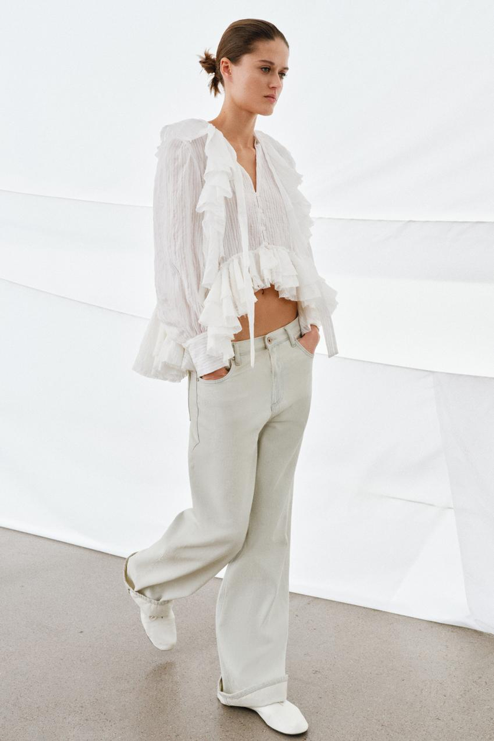 ZARA РУБАШКА С ВОЛАНАМИ ZW COLLECTION, БЕЛЫЙ