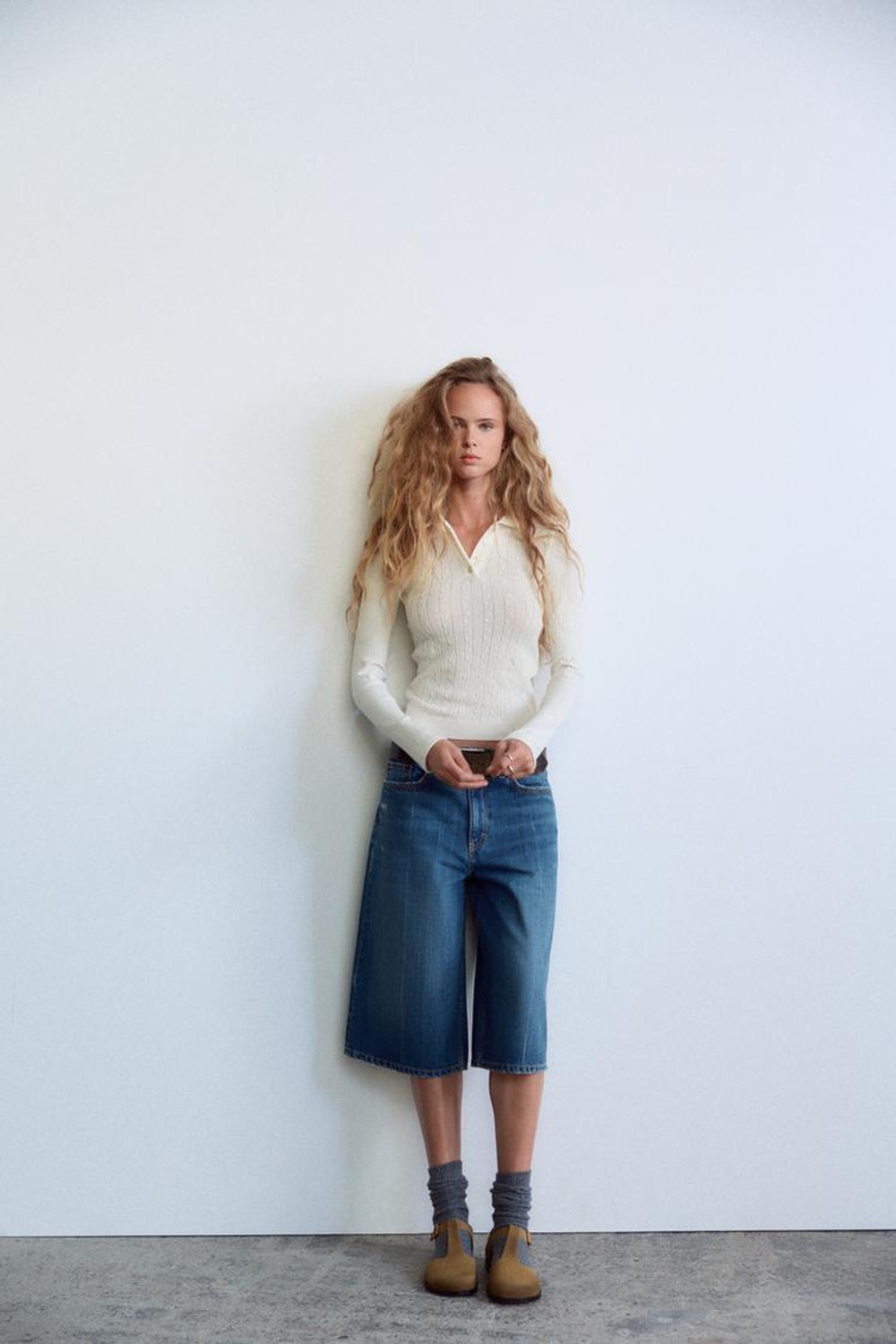 ZARA ТОП ПОЛО С УЗОРОМ «КОСЫ», ЭКРЮ