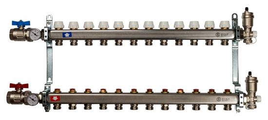 Коллектор Stout 1"x3/4" 12 контуров для радиаторного отопления из нержавеющей стали SMS-0912-000012
