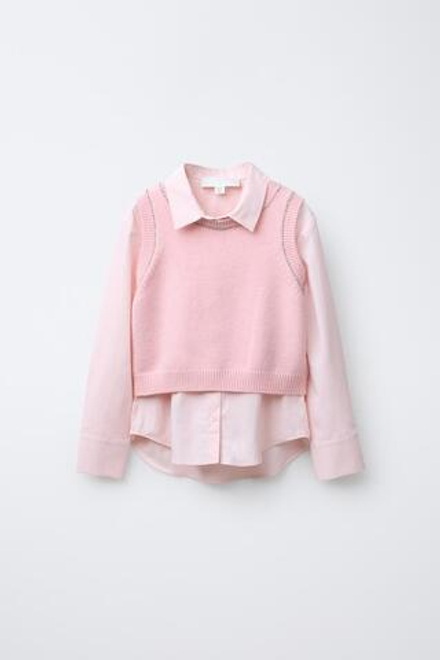 ZARA РУБАШКА ИЗ ПОПЛИНА С ЖИЛЕТОМ СО СТРАЗАМИ, ПАСТЕЛЬНО-РОЗОВЫЙ