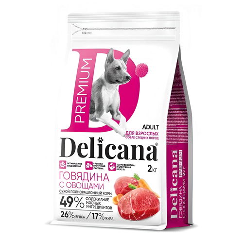 Delicana корм сухой для взрослых собак средних пород говядина, овощи