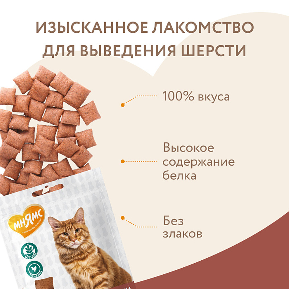 Лакомство "Выведение шерсти" хрустящие подушечки для кошек с цыпленком Мнямс 60 гр, 10 шт