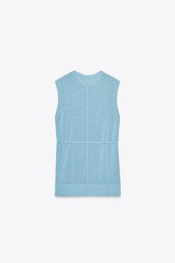 ZARA ДЛИННЫЙ ТРИКОТАЖНЫЙ ТОП С ПОЯСОМ, ГОЛУБОЙ