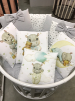 Комплект в кроватку 18 предметов "Бегемотик" серый, сатин