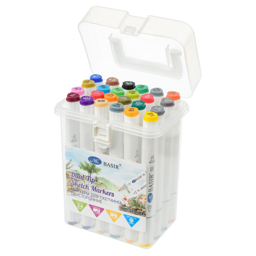 Маркер для скетчинга, двусторонние, Basir, трёхгранные, 14 мм, спиртовые, 24 шт