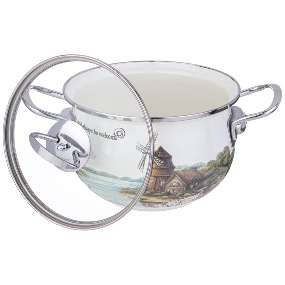 КАСТРЮЛЯ AGNESS ЭМАЛИРОВАННАЯ СО СТЕКЛЯННОЙ КРЫШКОЙ СЕРИЯ "FAMILY HOUSE", 2 Л ДИА.18СМ