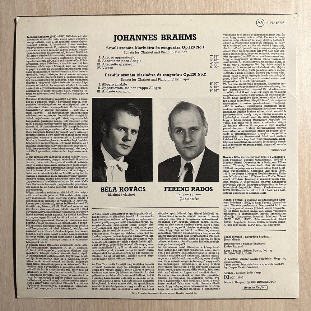 Брамс - Сонаты для кларнета и фортепиано, соч.120 (Венгрия 1988г.)