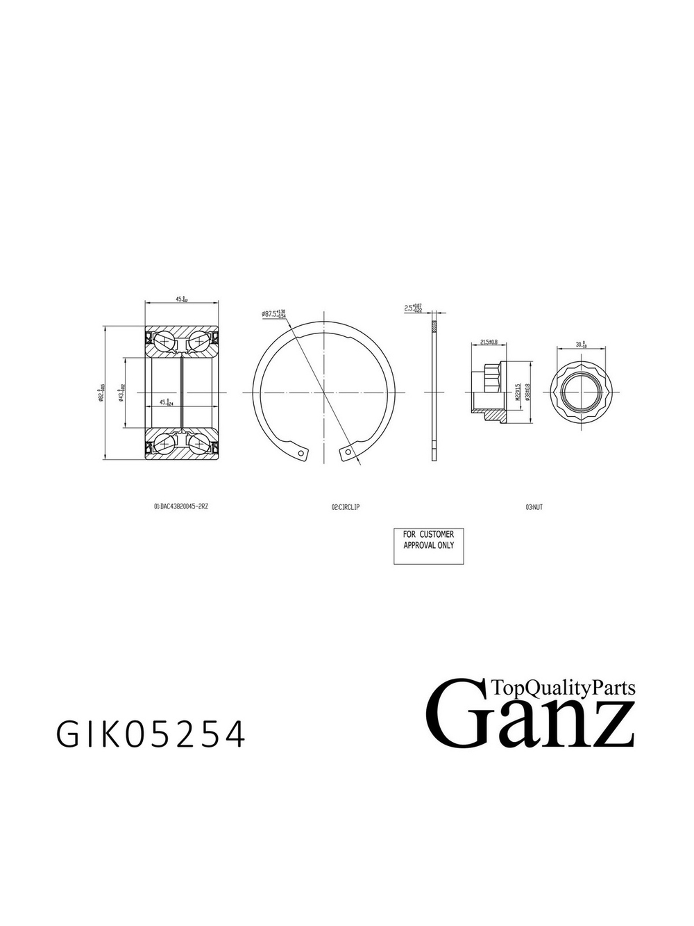 Подшипник ступицы передний TOYOTA Camry 96-01/LEXUS RX300 I /43x82x45 GANZ GIK05254