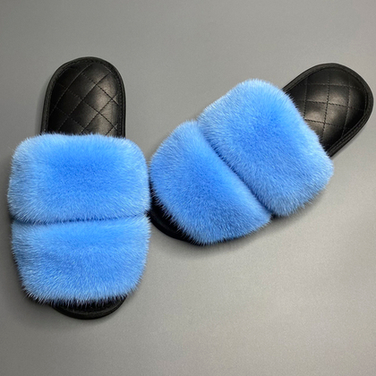 Тапочки для дома из норки | Стелька кожа | Голубой