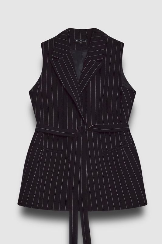 Жилет удлиненный изо льна в полоску, черный