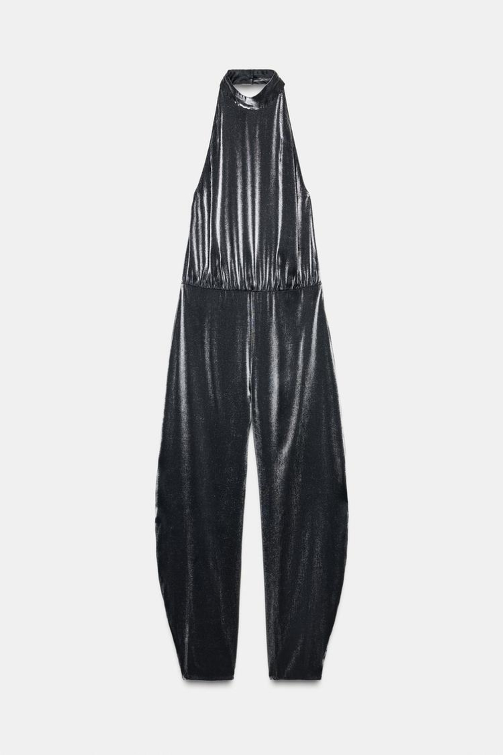 ZARA КОМБИНЕЗОН ХАЛТЕР С ОБЪЕМНЫМИ БРЮКАМИ, ЧЕРНЫЙ