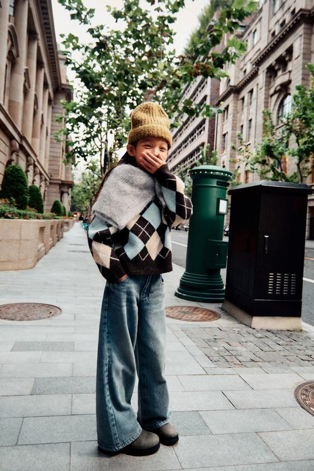 ZARA СВИТЕР С УЗОРОМ «РОМБЫ», ГОЛУБОЙ