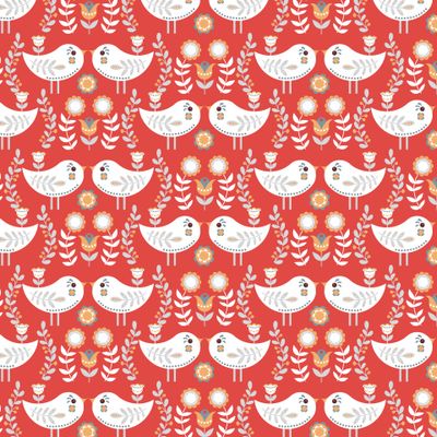 Маленькие птички на красном цветочном фоне. (Дизайнер Irina Skaska)