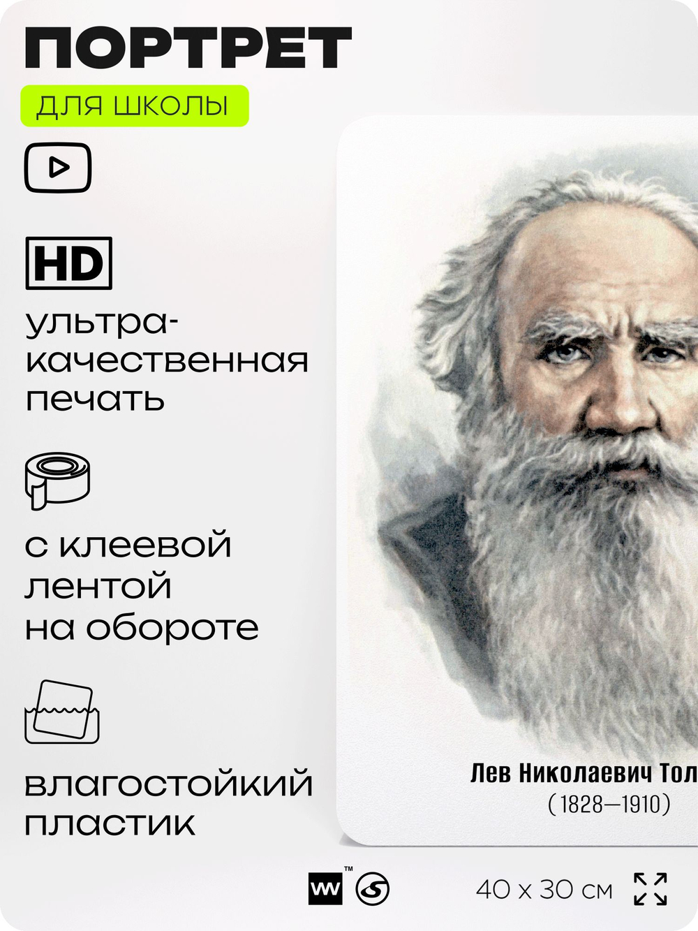 Портрет для школы в кабинет литературы и русского языка "Толстой Лев Николаевич", стенд школьный для класса, для оформления классного уголка, 40х30 см, Silver Plane x Айдентика Технолоджи