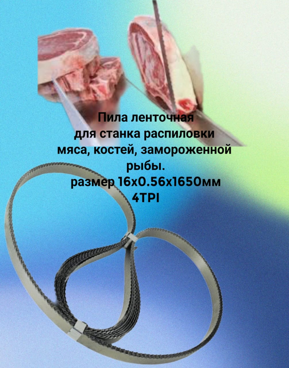 Полотно для ленточной пилы для резки мяса, рыбы и костей. Лента пильная, шаг зуба 4 TPI 16x0.56x1650 мм.