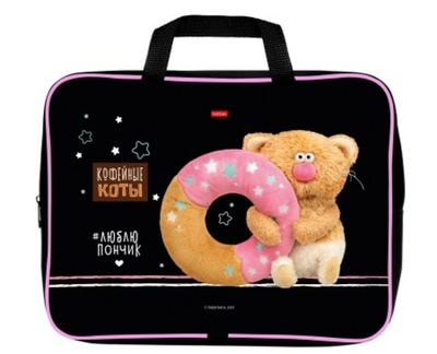 Папка-сумка на молнии с ручками Hatber Кофейные коты, A4, с рисунком, текстиль, 1 шт