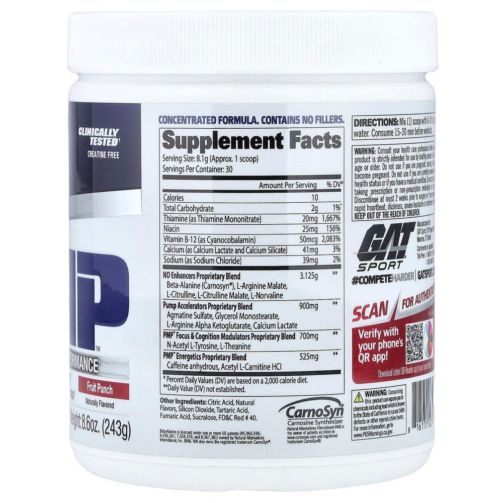 GAT, PMP™, предтренировочный комплекс, со вкусом фруктового пунша, 243 г (8,6 унции)