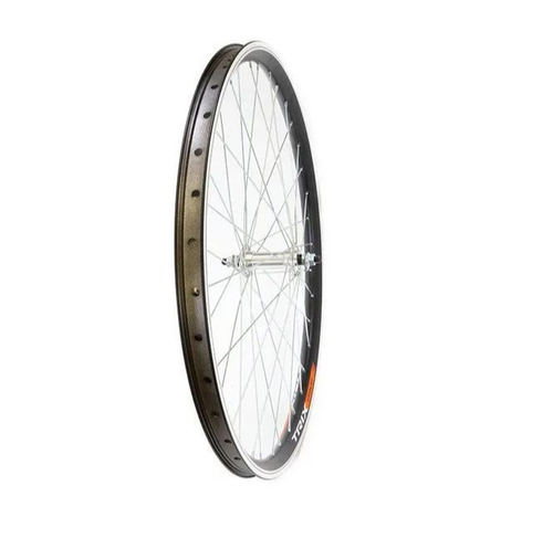 Колесо переднее 27.5" TRIX, профиль алюминиевый, двойной, 36H, пистонированный, фрезерованный, 584х19,4/25х21,4мм, A/V, анодированный, черный, втулка алюминиевая, V-br, гайки, серебристая, спица серебристая