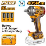 Аккумуляторный гайковерт BL 20В 405Hm 1/2, без АКБ и ЗУ INGCO CIWLI20451 INDUSTRIAL