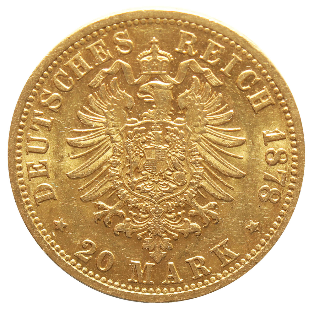 20 марок 1878 Германия-Гамбург XF Золото