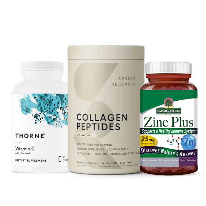 Комплект для ухода за кожей: Vitamin C + Zinc Plus + Collagen Peptides, Thorne + Nature's Answer + Sports Research