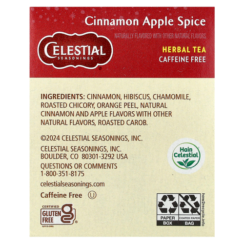 Celestial Seasonings, травяной чай, корица и яблоко, без кофеина, 20 чайных пакетиков, 48 г (1,7 унции)