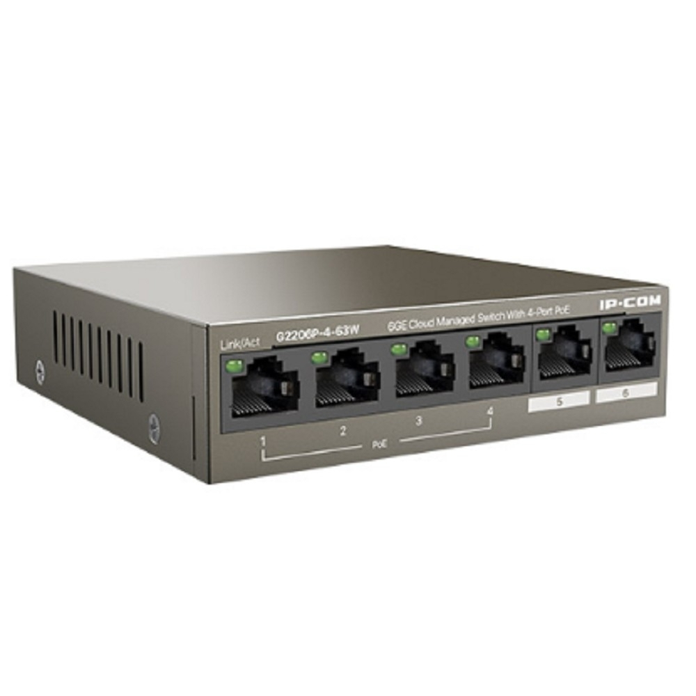 Коммутатор IP-COM G2206P-4-63W Коммутатор PoE управляемый 6-Ports 10 / 100 / 1000 Base-T + 2-Ports 1000 Base-X SFP (2-Ports uplink) / 4-Ports PoE (PoE бюджет 58W)