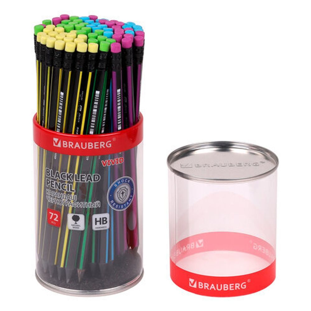 Карандаш чернографитный BRAUBERG "VIVID", 1 шт., HB, с ластиком, корпус ассорти, 181756