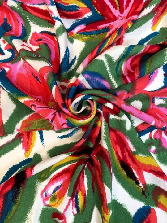 Штапель принт цветы большие красный/зеленый/бирюза на белом D7C4