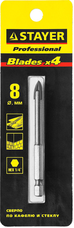2985-08 STAYER сверло по стеклу и кафелю HEX 8мм 4х кромка