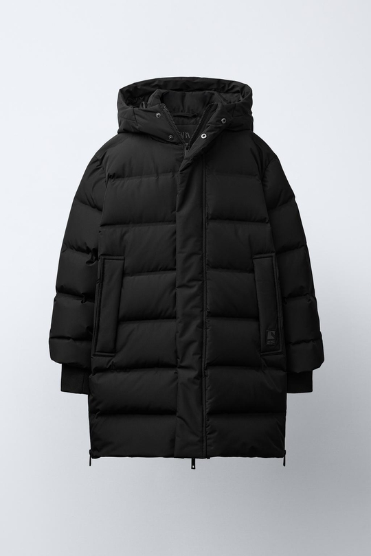 ZARA УДЛИНЕННЫЙ ПУХОВИК WATER REPELLENT С ПЕРОМ И ПУХОМ, ЧЕРНЫЙ
