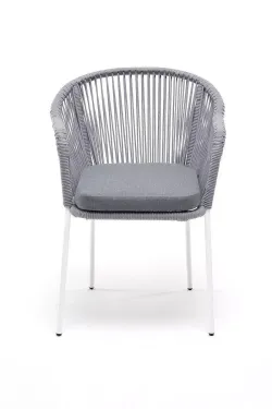 "Лион" стул плетеный из роупа, каркас из стали белый муар, роуп светло-серый круглый, ткань светло-серая