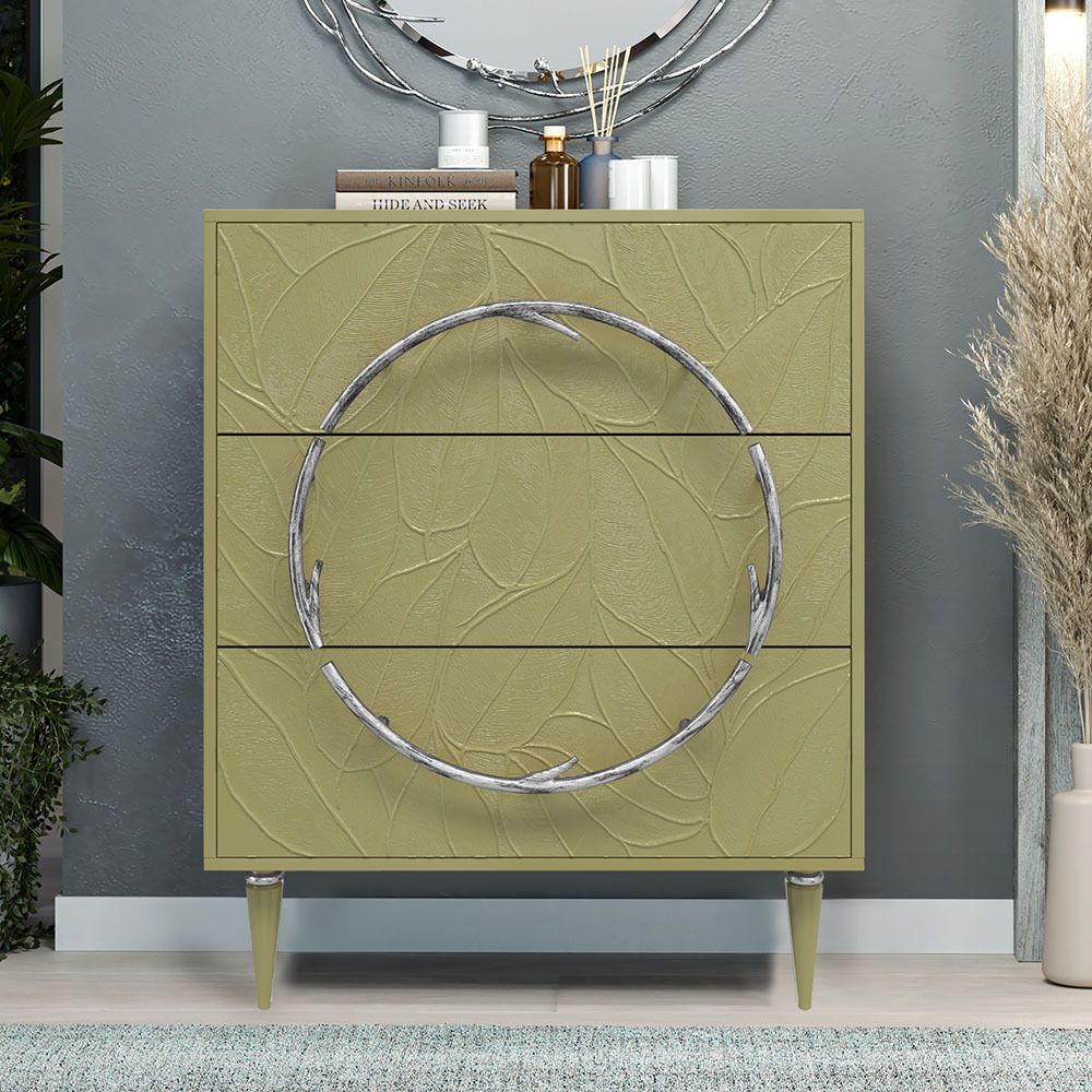 Комод Арт Колор leaves Классик Сильвер с 3 ящиками Зеленая олива