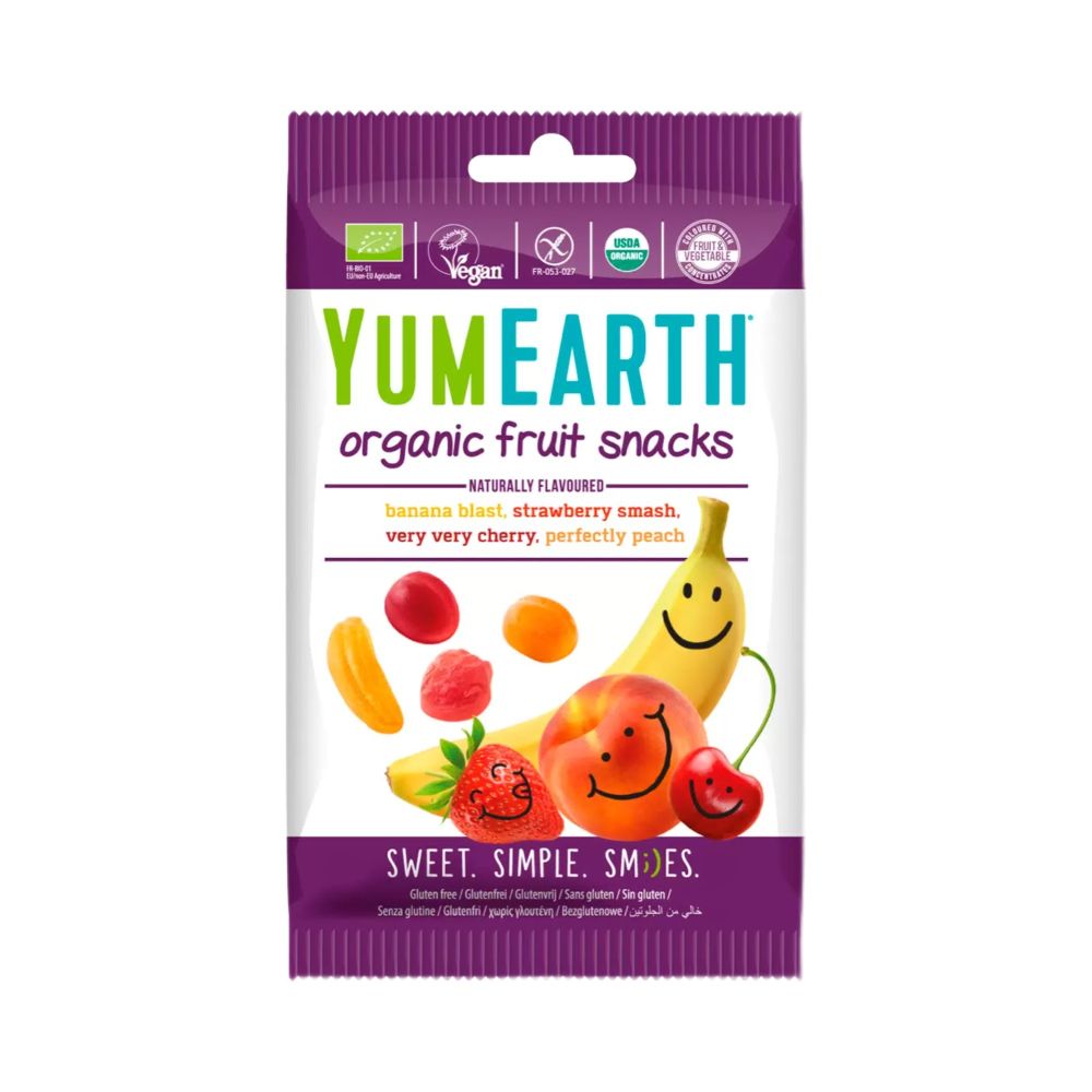 Органический мармелад Organic Fruit Snacks со вкусом банана, клубники, персика, вишни, 50 гр (YumEarth)