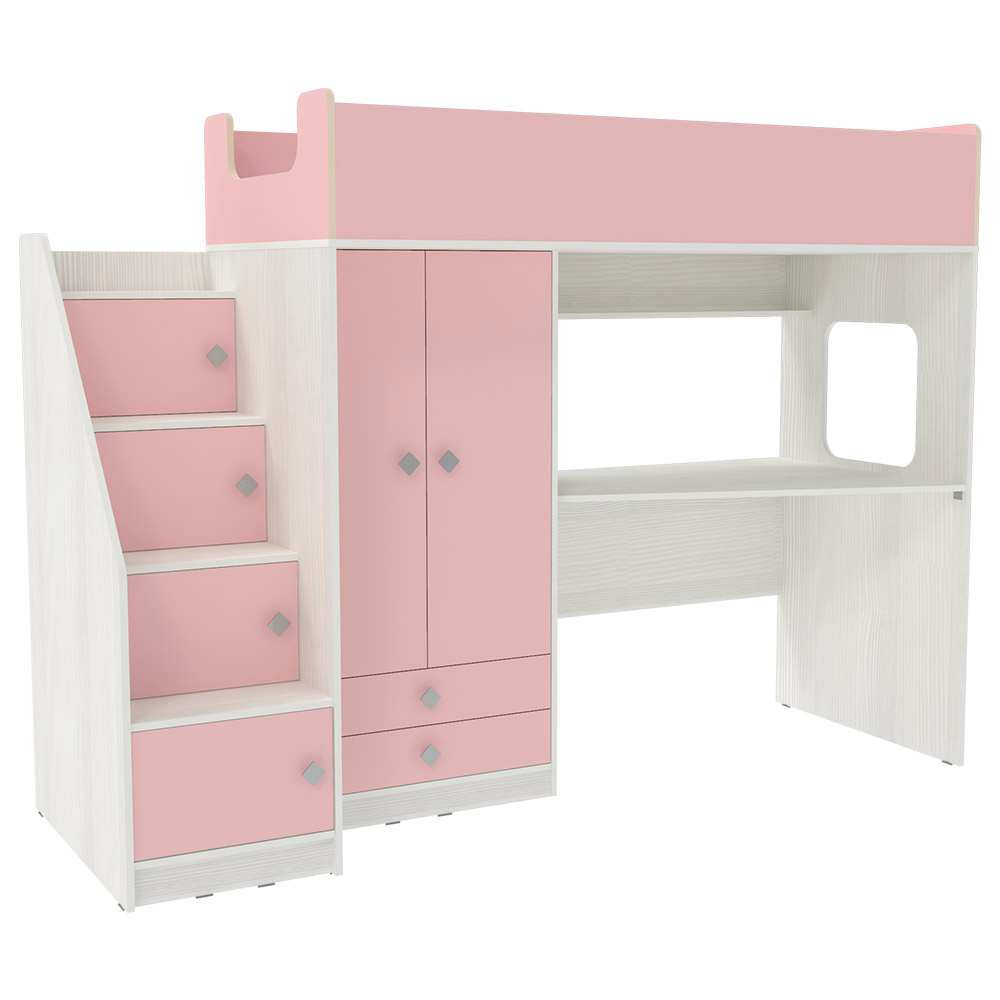 Кровать-чердак КарИВи Л-А606.3 80х190 Белое Дерево Розовый