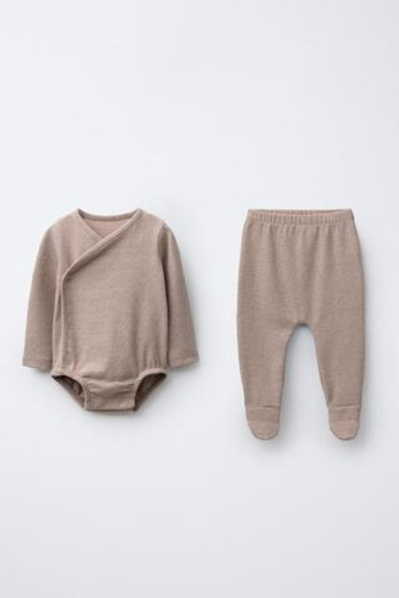 ZARA КОМПЛЕКТ БОДИ И ПОЛЗУНКОВ МЕЛАНЖ, КОРИЧНЕВЫЙ МЕЛАНЖ